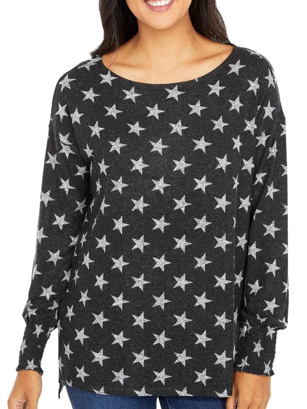 Lucky Brand Star Print Womens Long Sleeve Top Black & Gray Size Medium